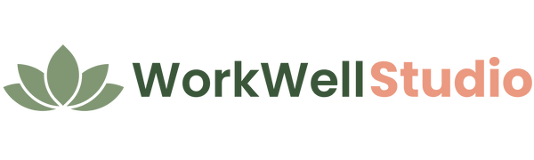 Logo of WorkWell Studio with a green leaf symbol on a white background